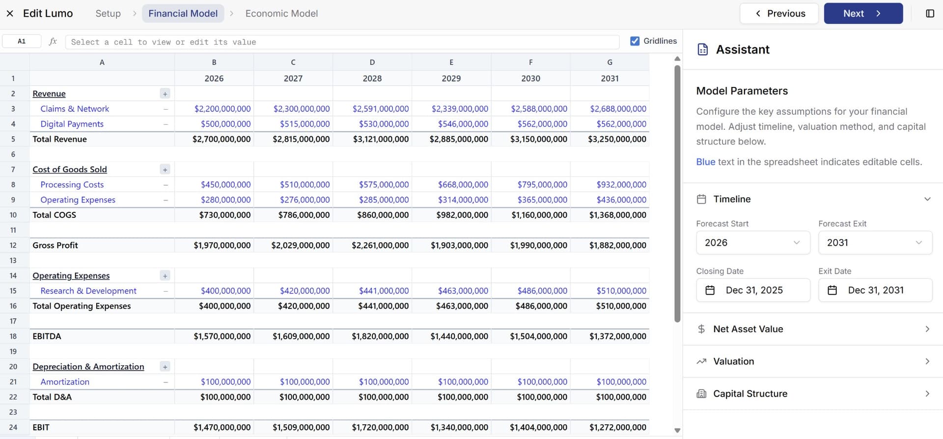 Financial model with Model Parameters assistant - structured assumptions and timeline